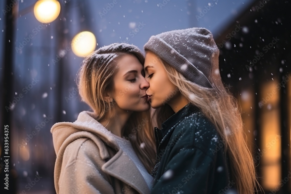 young lesbian couple kissing on the street young lesbian couple kissing on the street