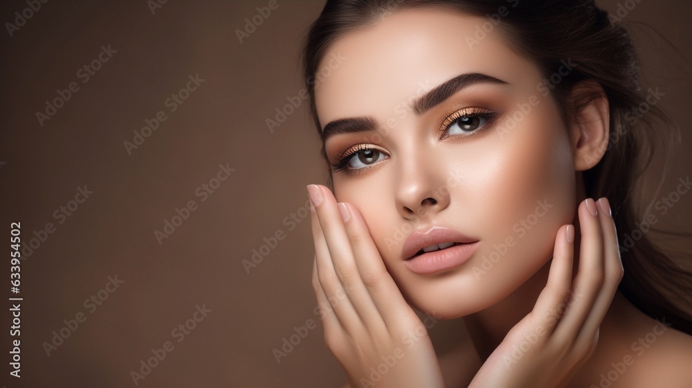 Fototapeta premium Beautiful young woman with clean fresh skin. Facial treatment. Cosmetology, beauty and spa. Generative AI.