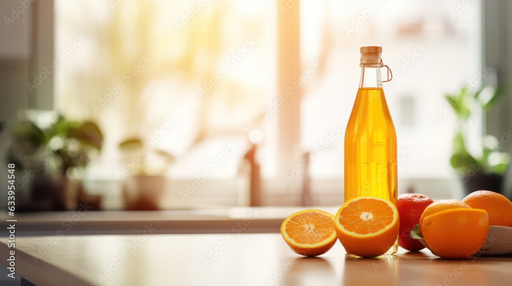 Juice bottle, oranges infront of the bottle indoor kitchen Juice bottle, oranges infront of the bottle indoor kitchen