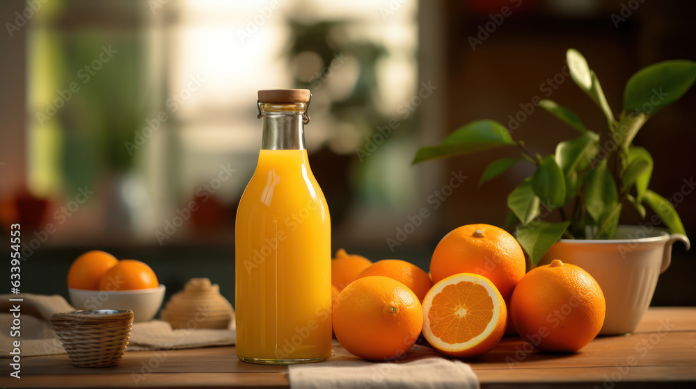Juice bottle, oranges infront of the bottle indoor kitchen Juice bottle, oranges infront of the bottle indoor kitchen