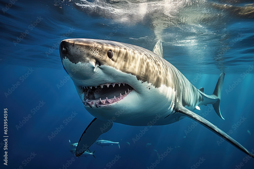 Fototapeta premium Great white shark swimming in the sea