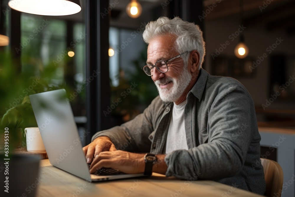 Mature man with computer smiling. Generative AI.