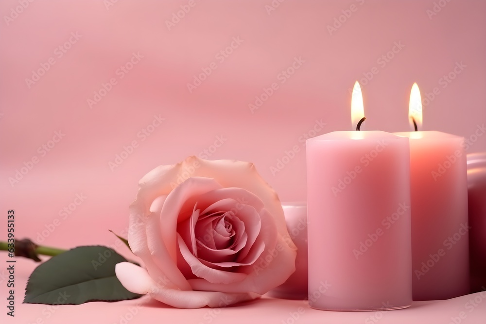 Pink Roses and candle on a pink background, with copy space Pink Roses and candle on a pink background, with copy space