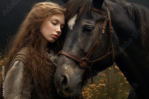 beautiful girl with her horse posing for the camera