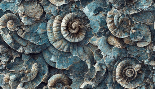 Seamless texture of elaborate and unique calcified blue ammonite sea shell spirals embedded into rock. Prehistoric fossilized detailed rough grunge surface patterns - generative AI © SoulMyst