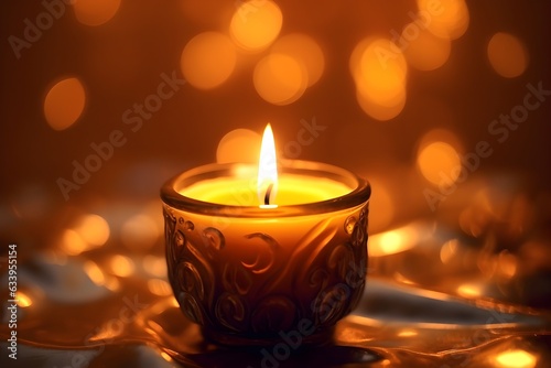 Festive background with burning candle and bokeh with copy space