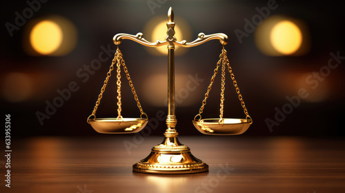 Shiny golden balanced scale on a table as concept justice and fairness 