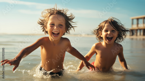 Two cheerful little kids having fun at the beach © red_orange_stock
