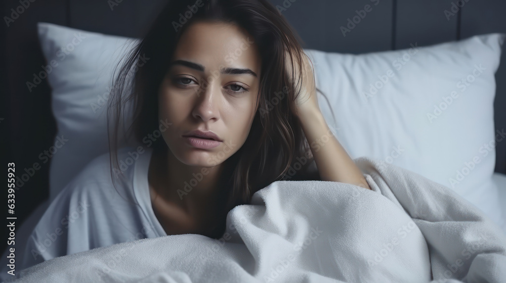 Sleep problem, headache and woman in bed with pillow at home with insomnia and fatigue. Sleep problem, headache and woman in bed with pillow at home with insomnia and fatigue.