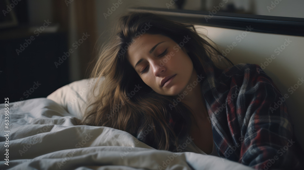 Sleep problem, headache and woman in bed with pillow at home with insomnia and fatigue. Sleep problem, headache and woman in bed with pillow at home with insomnia and fatigue.