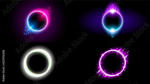 Set Sun Eclipse Solar Collection Color Fire Dark Background Vector Moon Design Style Space Science Glow Light