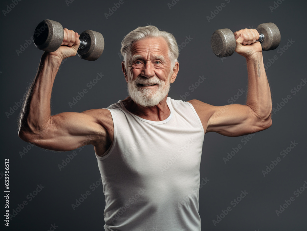 Active senior man having strength exercise with weightlifting. Strong old man healthy exercise.