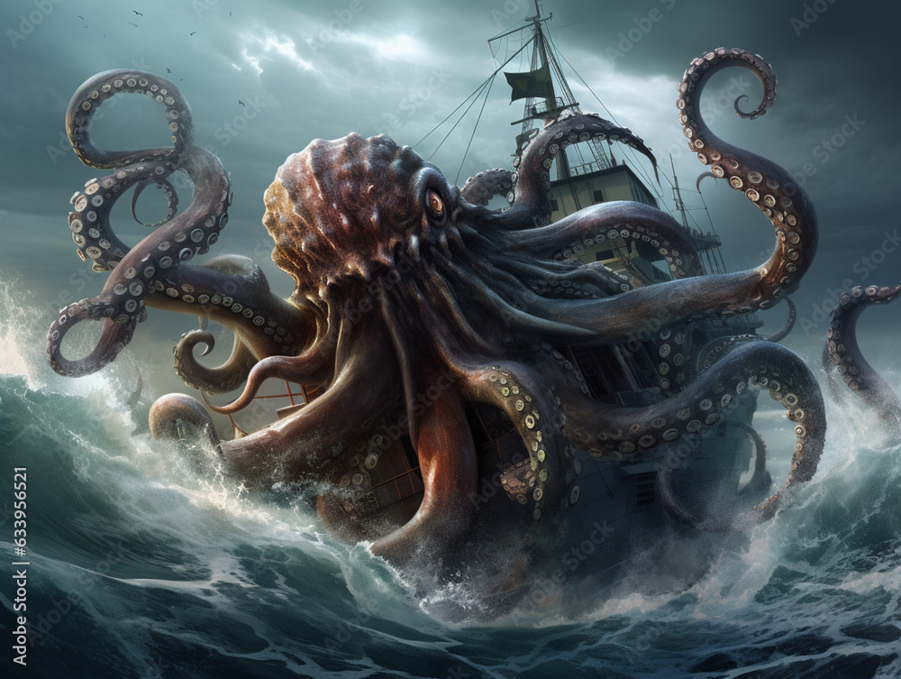 Tentacles of an octopus, attacking a cargo ship floating in the middle ...