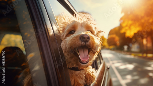 happy dog in the car window with the wind