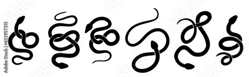 Vector set of black silhouettes of snakes in various poses. Collection of monochrome cobras and boas isolated from background. Animal clipart for sublimation, stickers and icons