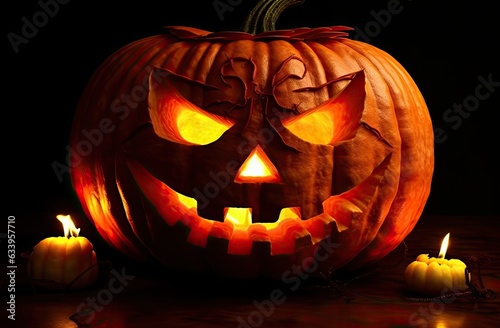Halloween pumkin with glowing eyes on black background