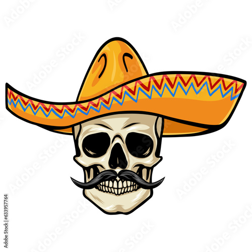 Mexican Skull Sombrero Día de Los Muertos Cartoon Vector Drawing Illustration