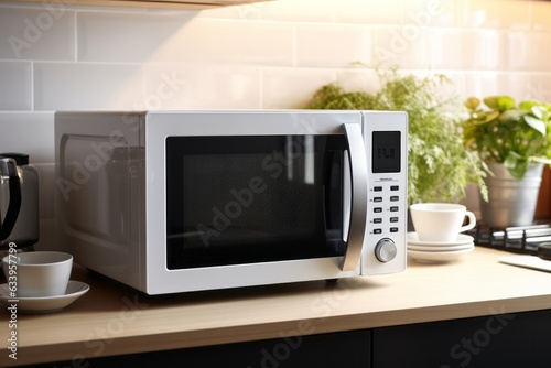 Modern white and black microwave in house kitchen photo