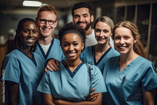 group of happy doctors and nurses smiling into the camera - created using generative AI tools