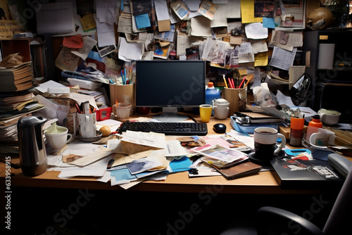 Very Busy and Messy Office Desk With Papers and stationary