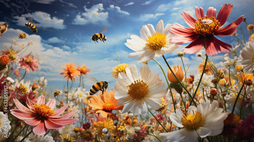 Floral Symphony: A panoramic shot of a field of blooming wildflowers, with bees flitting from one blossom to another, creating a vibrant tapestry of colors 
