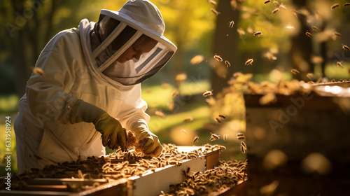 Beekeeper's Care: A beekeeper tending to his hives, dressed in protective gear, showcasing the gentle and respectful relationship between humans and bees 