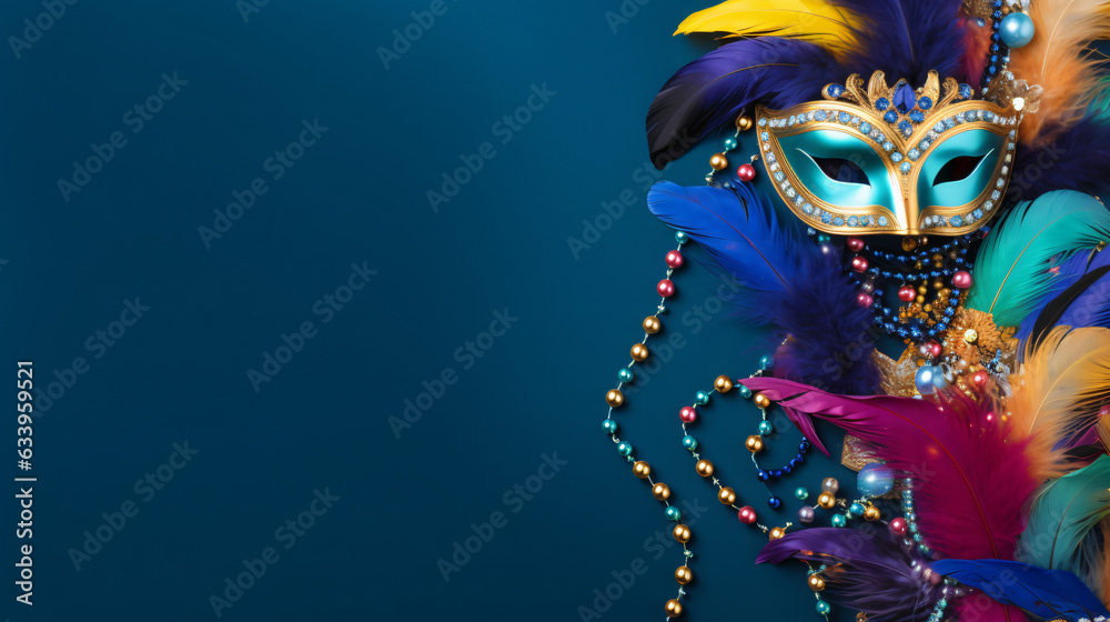 Colourful mardi gras beads feathers and carnival mask