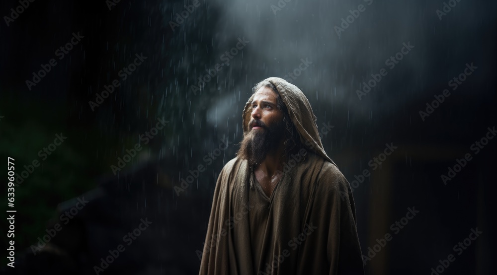 Portrait of Jesus Christ in the rain, dark background.