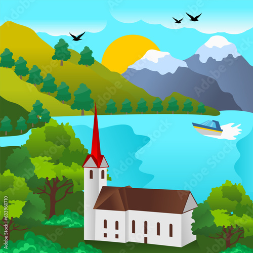 beautiful mountain view with green trees in a lakeside villa