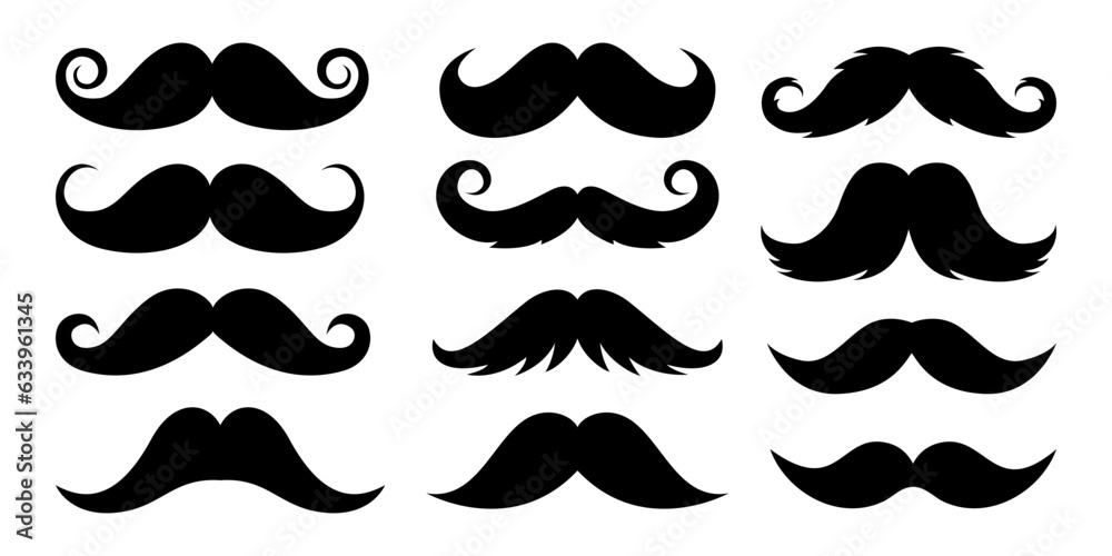 Set of moustache. Vintage logo moustaches silhouette, black mustaches. Retro gentleman moustaches. 
