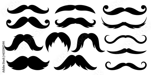 Set of moustache. Vintage logo moustaches silhouette, black mustaches. Retro gentleman moustaches. 