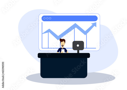 Flat illustration of anchor reading stock exchange news on television with laptop on his desk.
