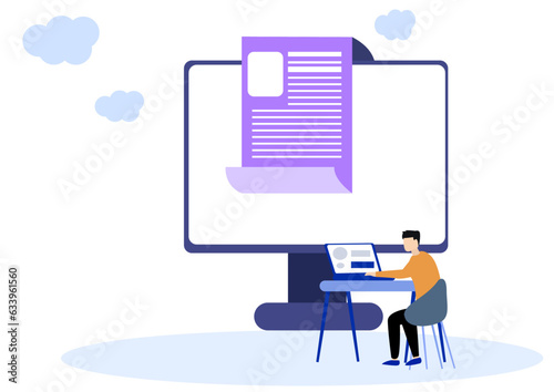Flat illustration of employee preparing text for business meeting on laptop.
