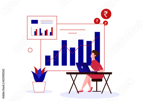 Flat illustration of young beautiful Business Woman analysing the business growth on laptop by bar chart.
