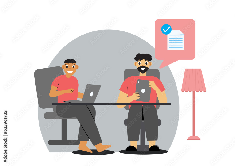 Flat illustration of office employees. Boy working on laptop, other guy sending file to other through the tablet.
Flat illustration of office employees. Boy working on laptop, other guy sending file to other through the tablet.