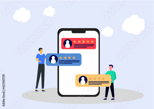 Flat illustration of youngsters giving review feedback rating online on smartphone.
