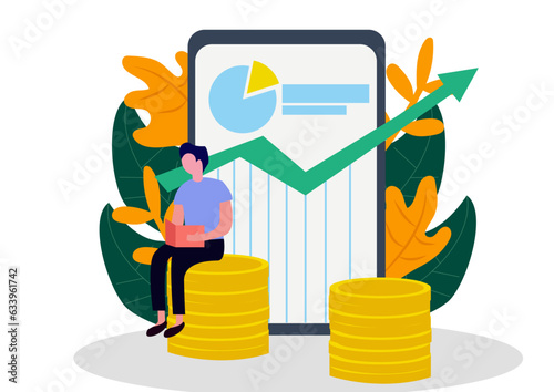 Flat illustration of young Businessman sitting on gold coins piles and analysing the business growth by bar chart.
