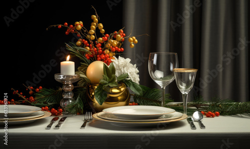 festive christmas dinner setting. Seasonal holiday dining background. 