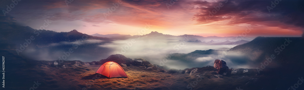 Tent on grass with sunset in the background