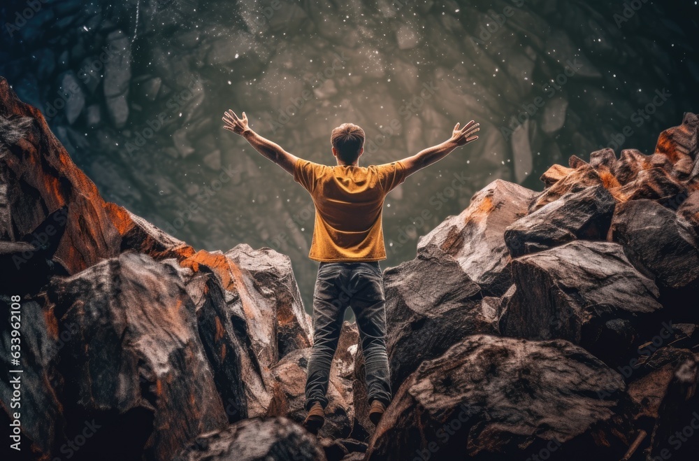 Obraz premium Person is raising his arms and celebrating his victory