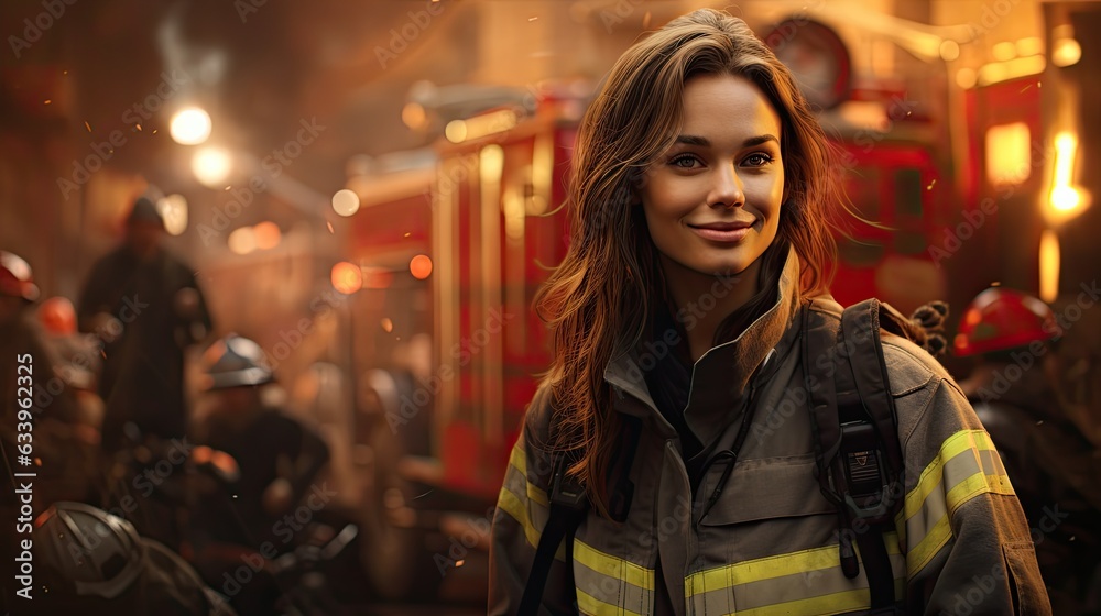 smiling young female fire fighter - created using generative Ai tools