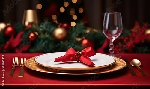 Christmas day table setting with cutlery wrapped in a red ribbon and gift box presents Generative ai