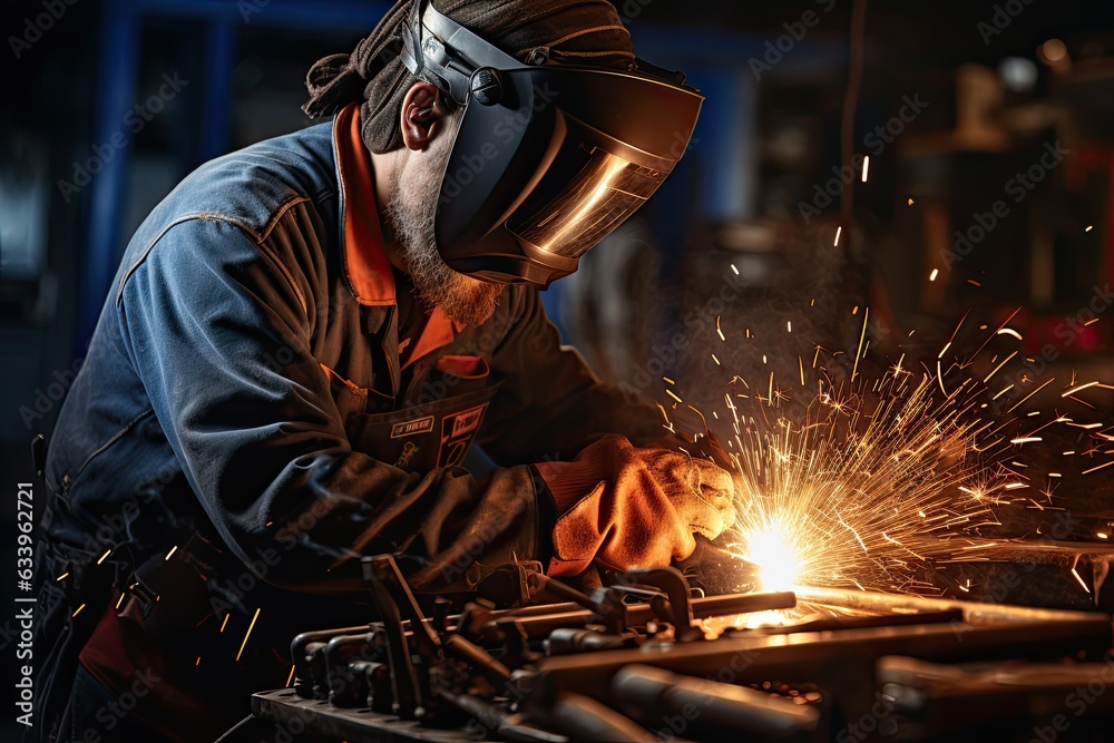 worker welding metal piping in a factory - created using generative AI tools worker welding metal piping in a factory - created using generative AI tools
