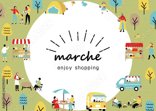 マルシェ　休日のマーケットで楽しむ人々