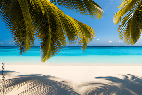 White sand beautiful beach and blue transparent ocean. Azure sea and palm trees.