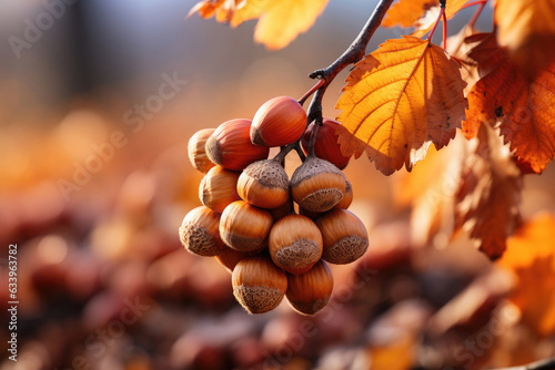 Hazelnuts on a branch close-up on an autumn background
