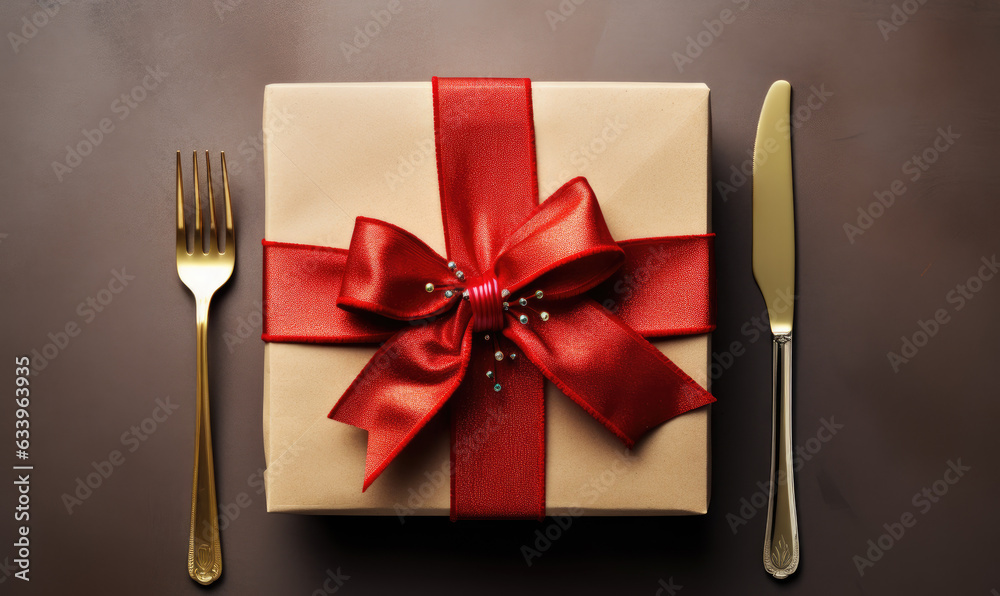 Christmas day table setting with cutlery wrapped in a red ribbon and gift box presents Generative ai