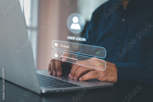 Businessman hand touch screen login username and password identity or sign up register concepts of cyber security, internet access, join social or personal data protection or forget pass key unlock. photo