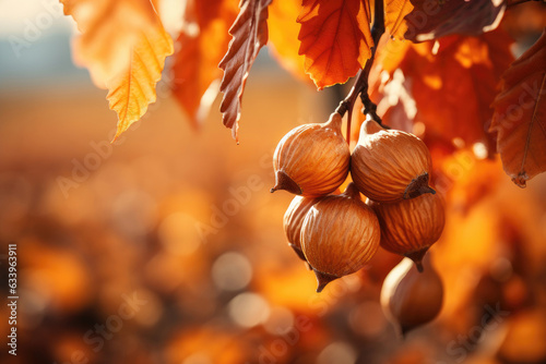 Hazelnuts on a branch close-up on an autumn background