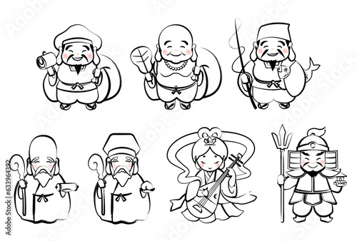 七福神（墨絵風）のイラスト